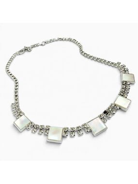 Vintage Art Deco Style Mother of Pearl Look Rhinestone Statement Necklace